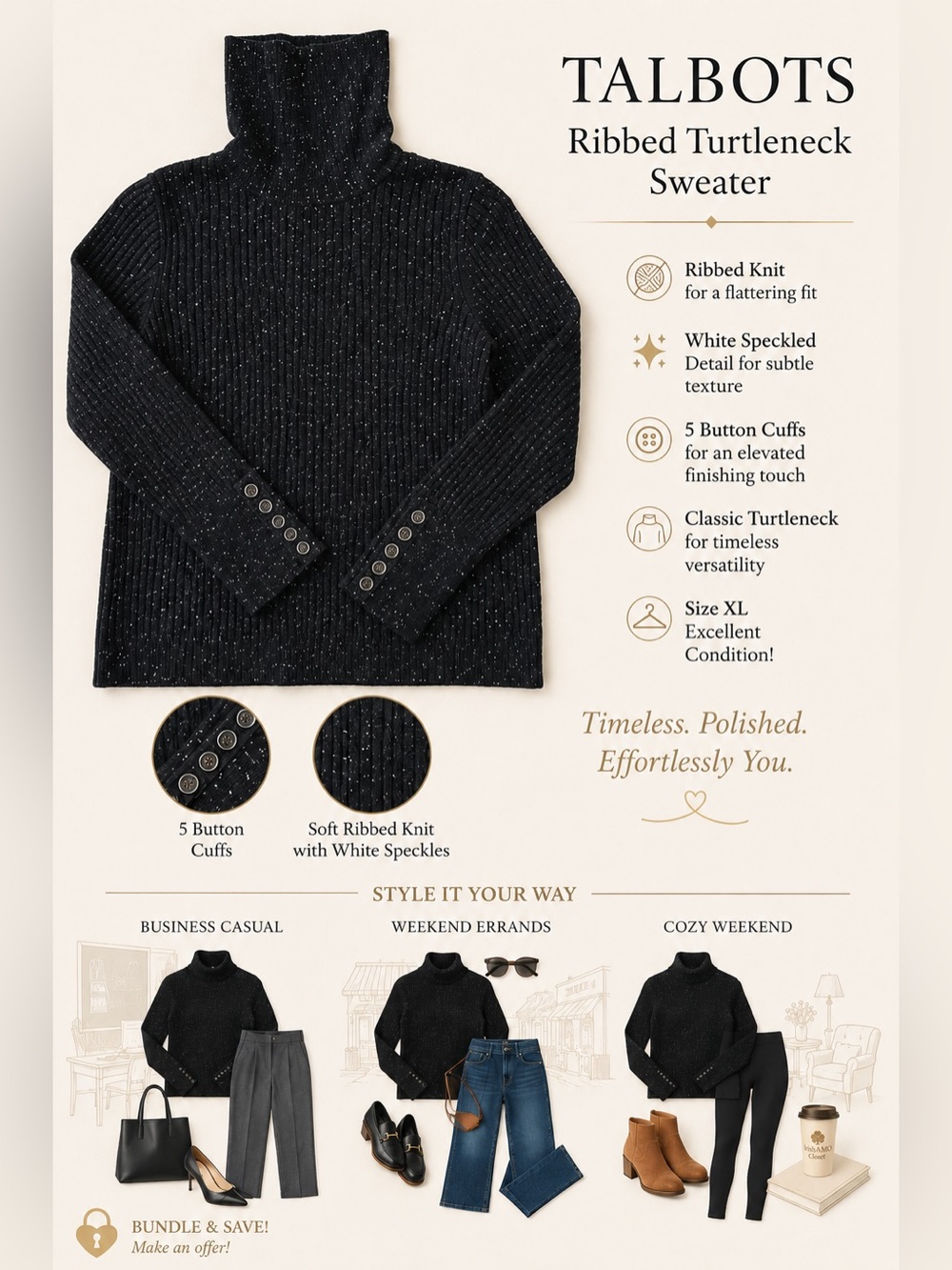 Talbots Ribbed Black Turtleneck Sweater W/White Speckle Design 5-Buttons at Cuff